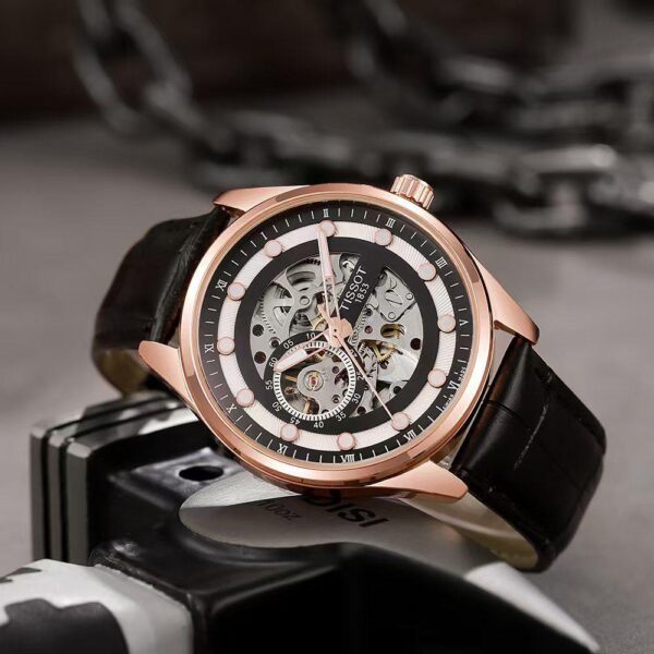 Tissot Men’s Rose Gold Skeleton Automatic Watch – Openwork Dial with Black Leather Strap & Transparent Mechanical Movement