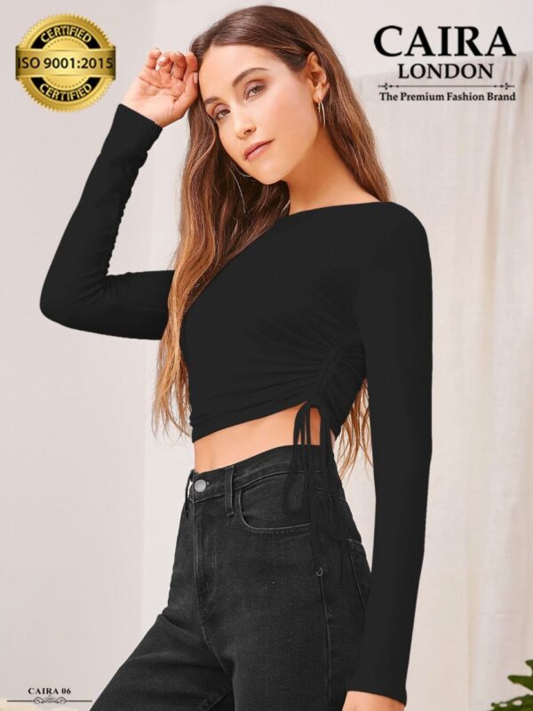 Caira London Wine Red Side-Ruched Crop Top – Full Sleeve Elegance