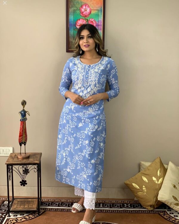 Elegance Bloom Embroidered Rayon Kurti Set with Lace Pant