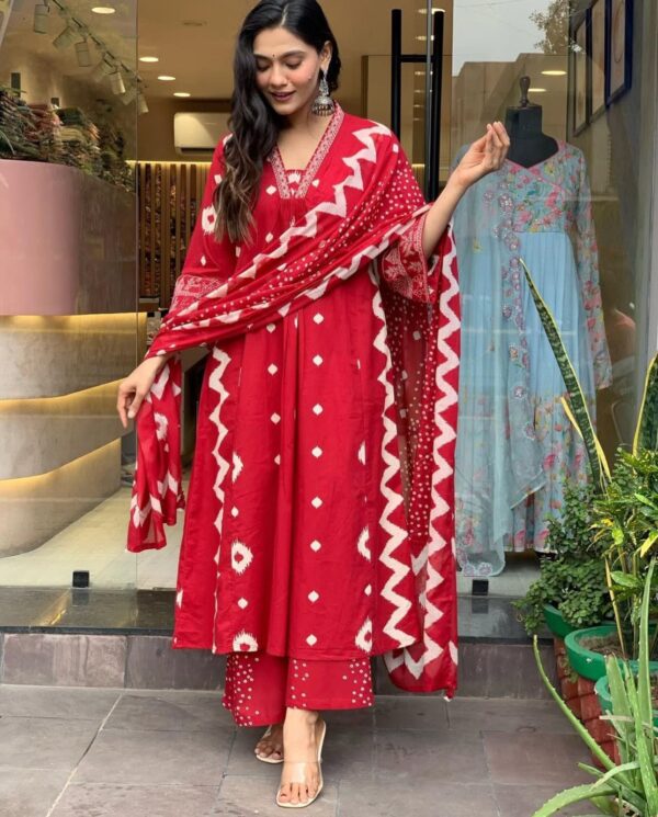 Bandhej Bliss Red Cotton Suit Set with Dupatta