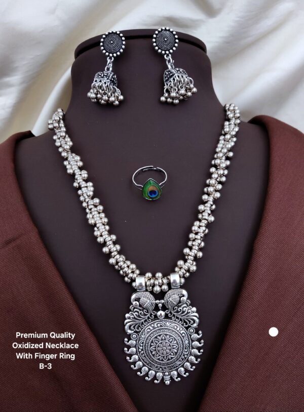 Premium Oxidised Silver Necklace Set with Earrings & Finger Ring – D-91